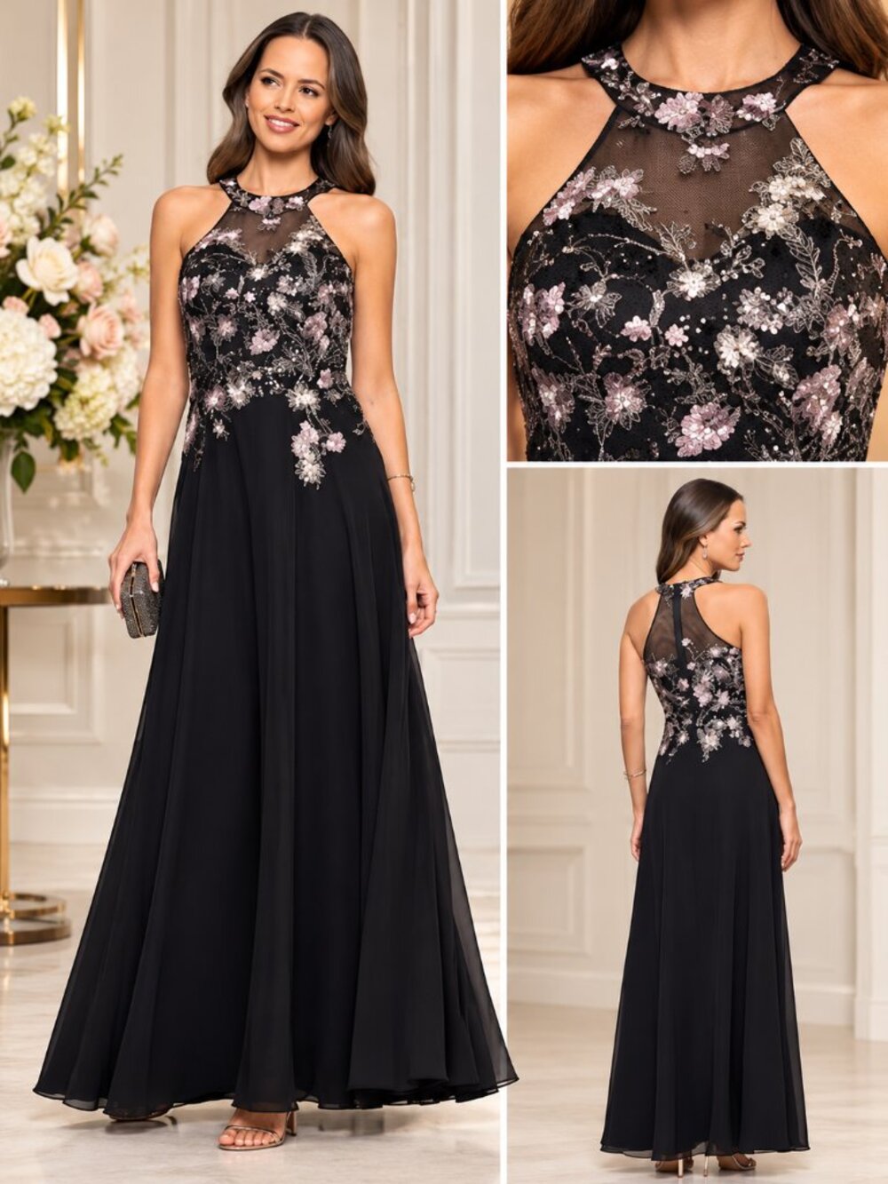 Betsy & Adam Black Size 12 Floral Embellished Halter Formal Gown NWT
